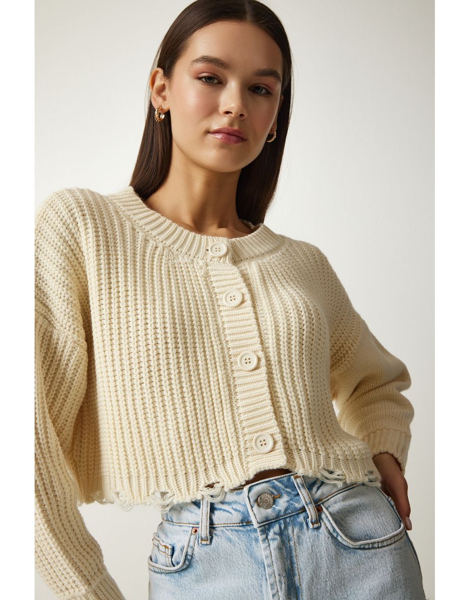 Women's Cream Ripped Detailed Buttoned Crop Knitwear Cardigan