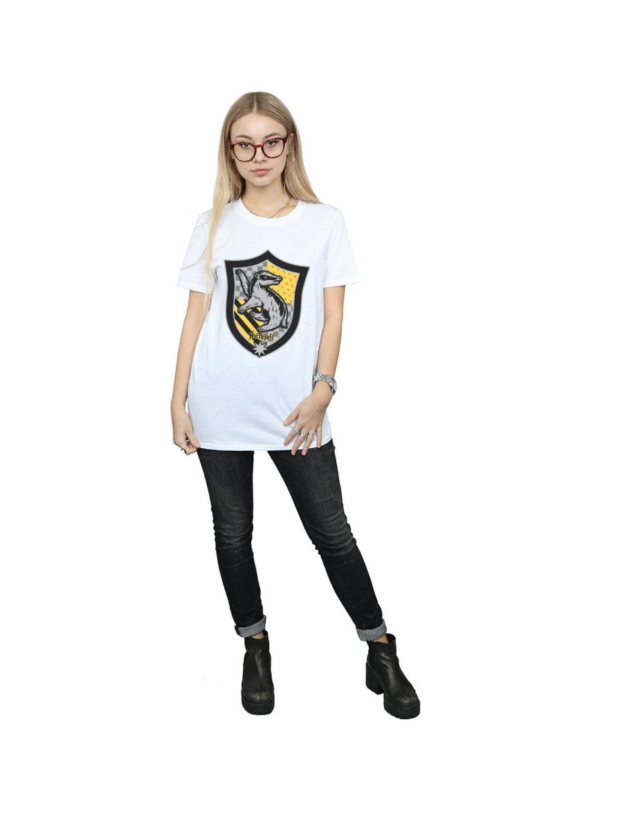 Harry Potter Womens/Ladies Hufflepuff Crest Flat Cotton Boyfriend T-Shirt - White - 3
