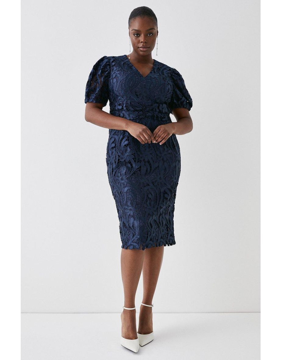 Plus Size Pencil Dress In Satin Lace With Buttons & Tie