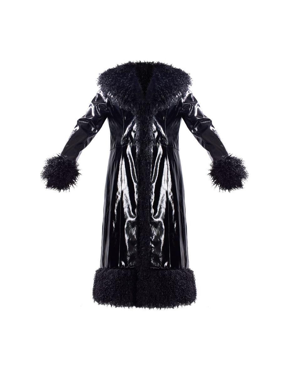 Black Shaggy Faux Fur Vinyl Trench Coat - 4