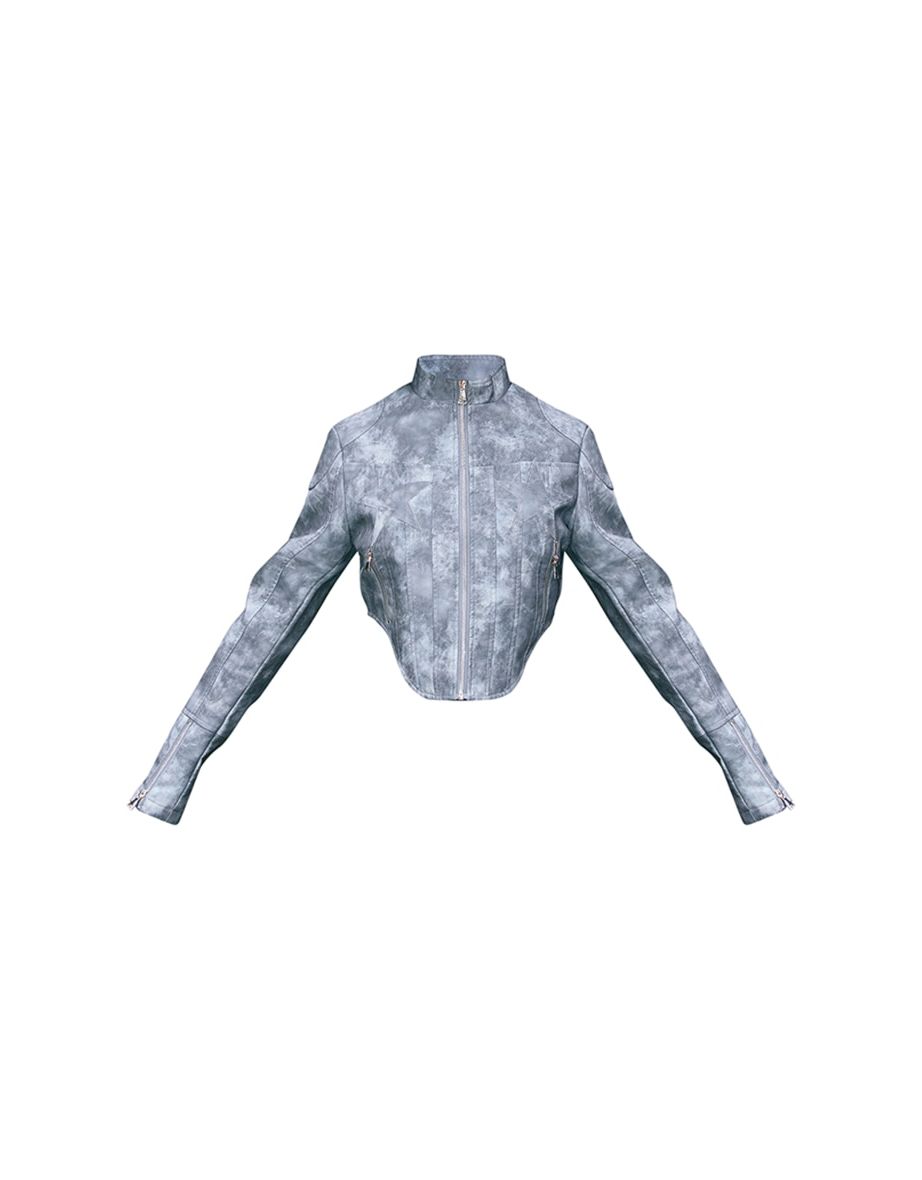 Washed Blue Distressed Faux Leather Star Embroidery Biker Jacket - 4