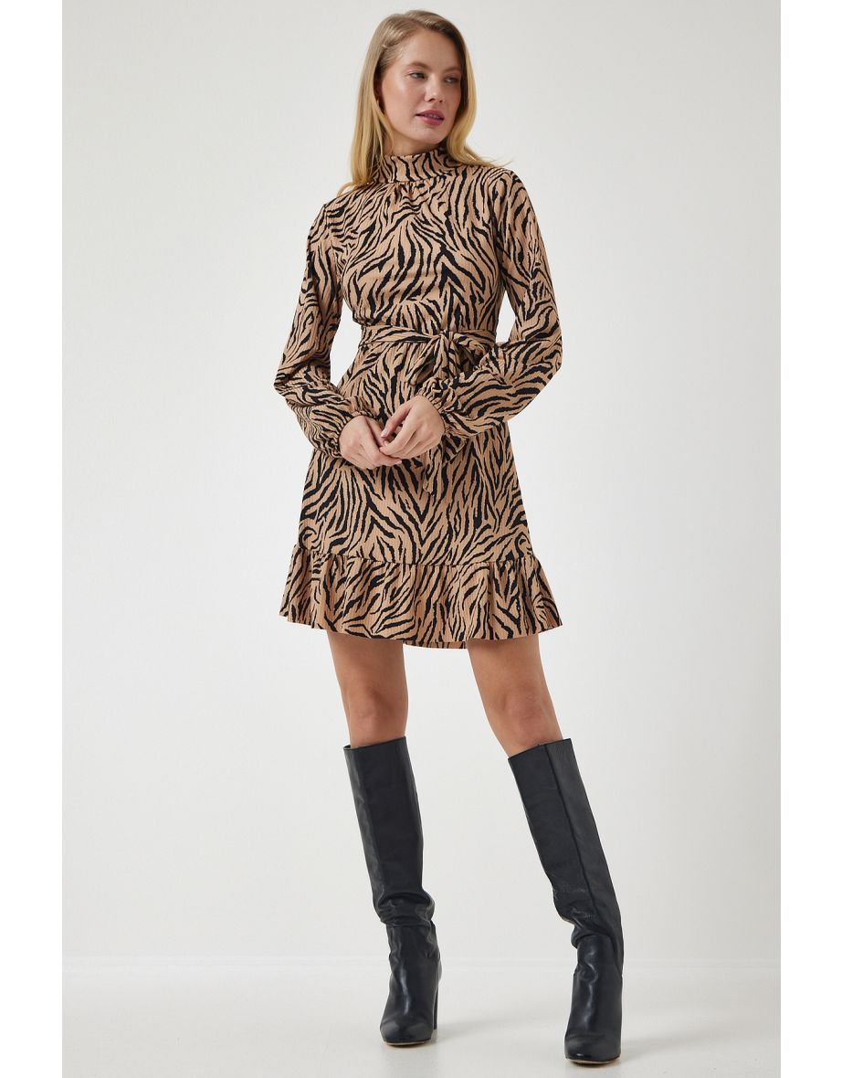 Women's Beige Black Decollete High Neck Knitted Dress
