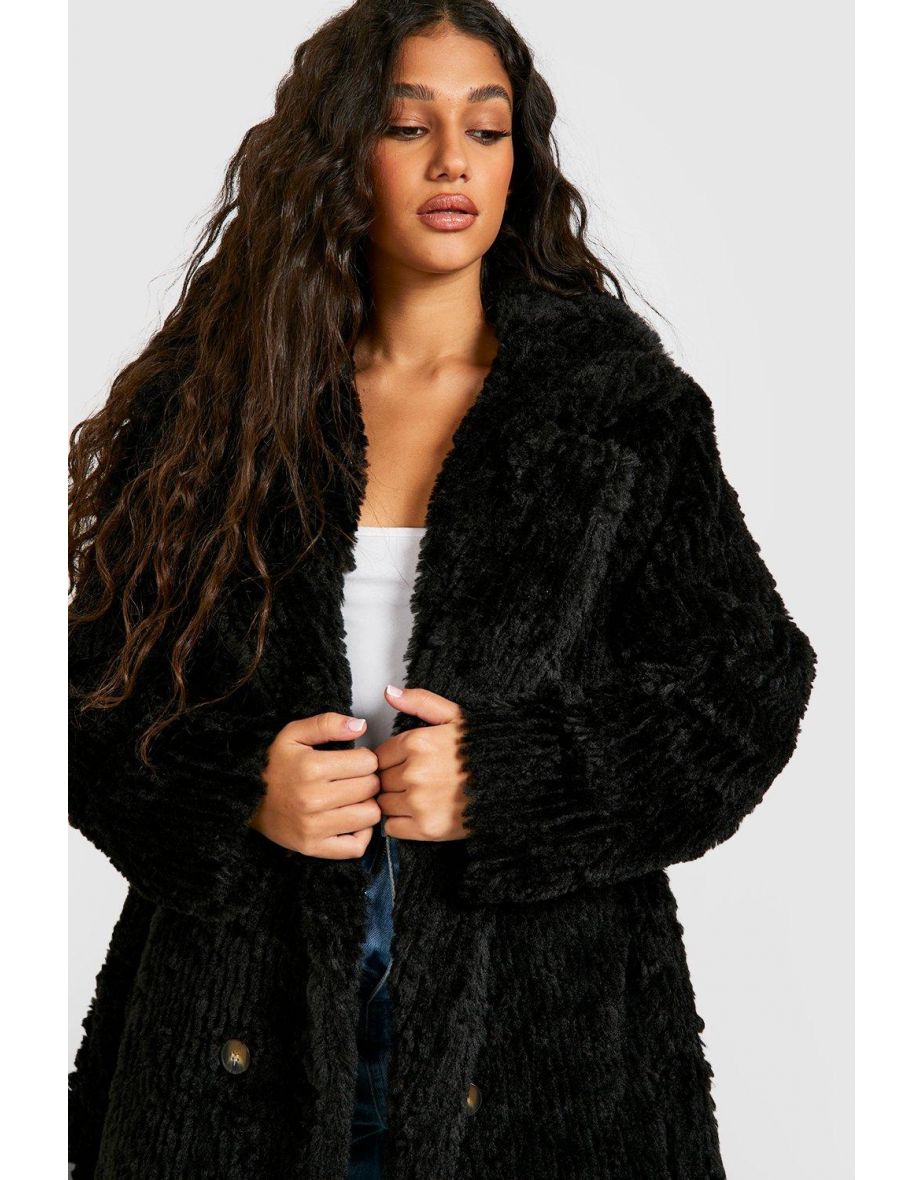 Textured Faux Fur Belted Coat - black - 3