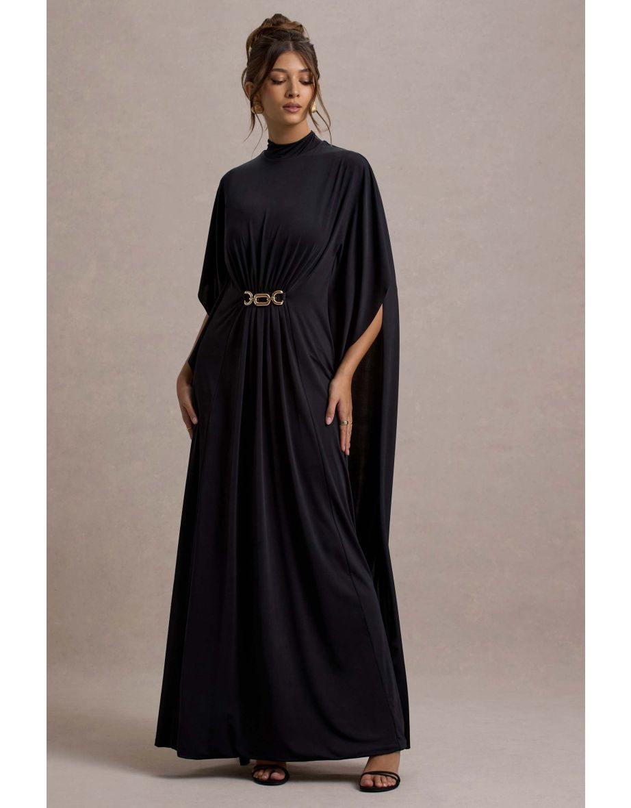 Olessia | Black Belted Gathered Cape-Sleeve Maxi Dress