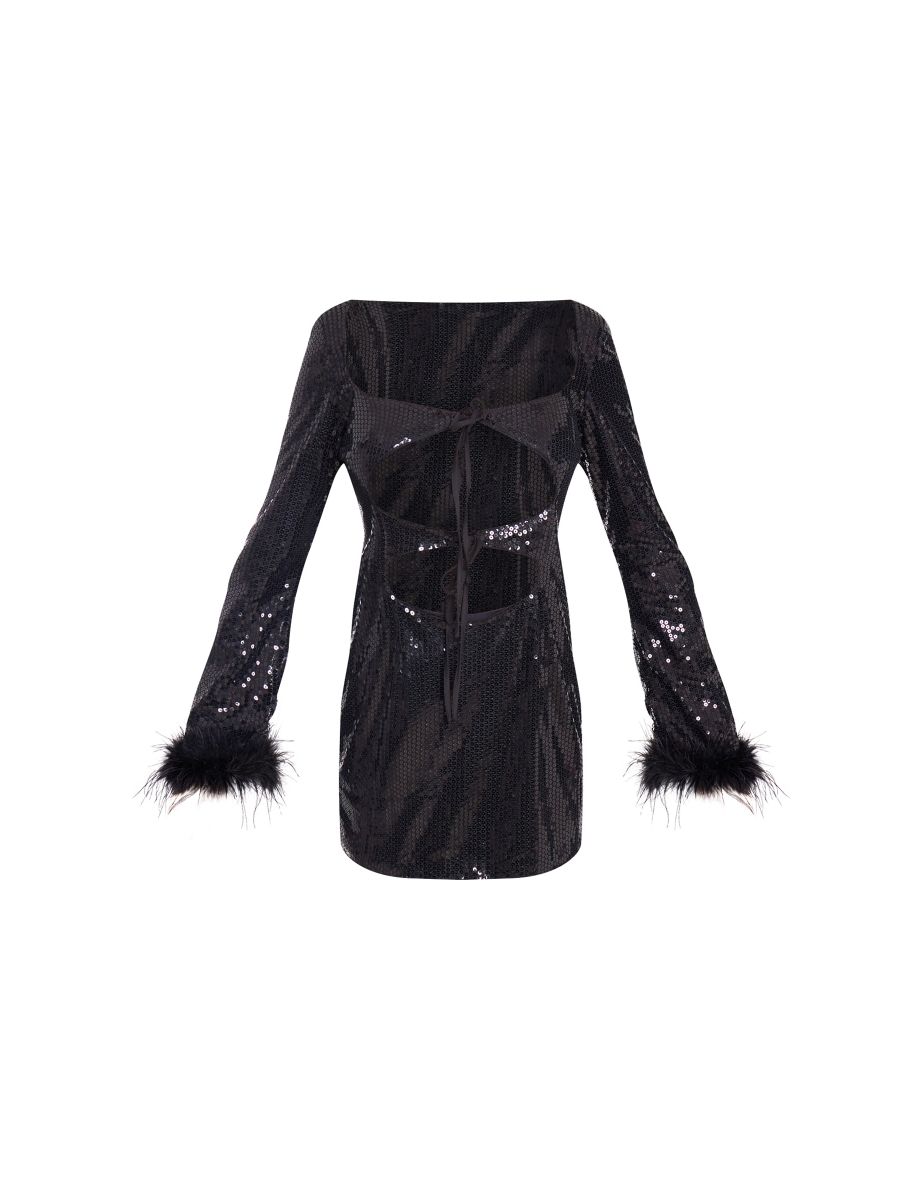 Black Sequin Faux Feather Tie Front Cut Out Feather Trim Dress - 4