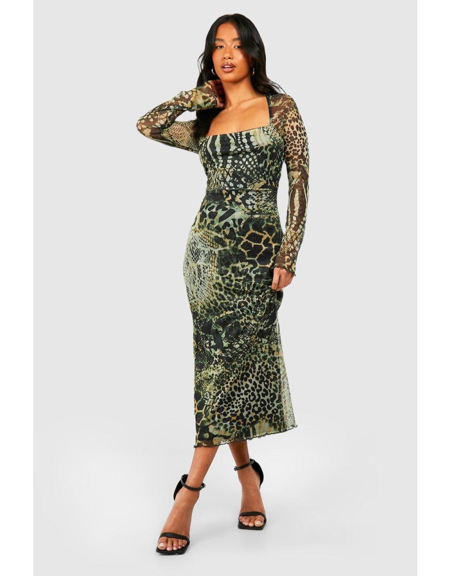 Shop Petite Animal Print Mesh Midaxi Dress Online in Oman VogaCloset