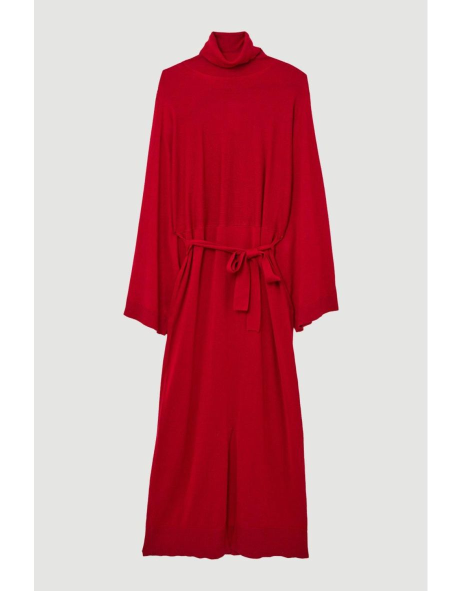 Viscose Blend Funnel Neck Belted Knitted Midi Dress - 3