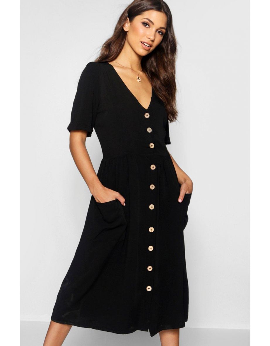 Button Front Pocket Detail Midi Dress - black