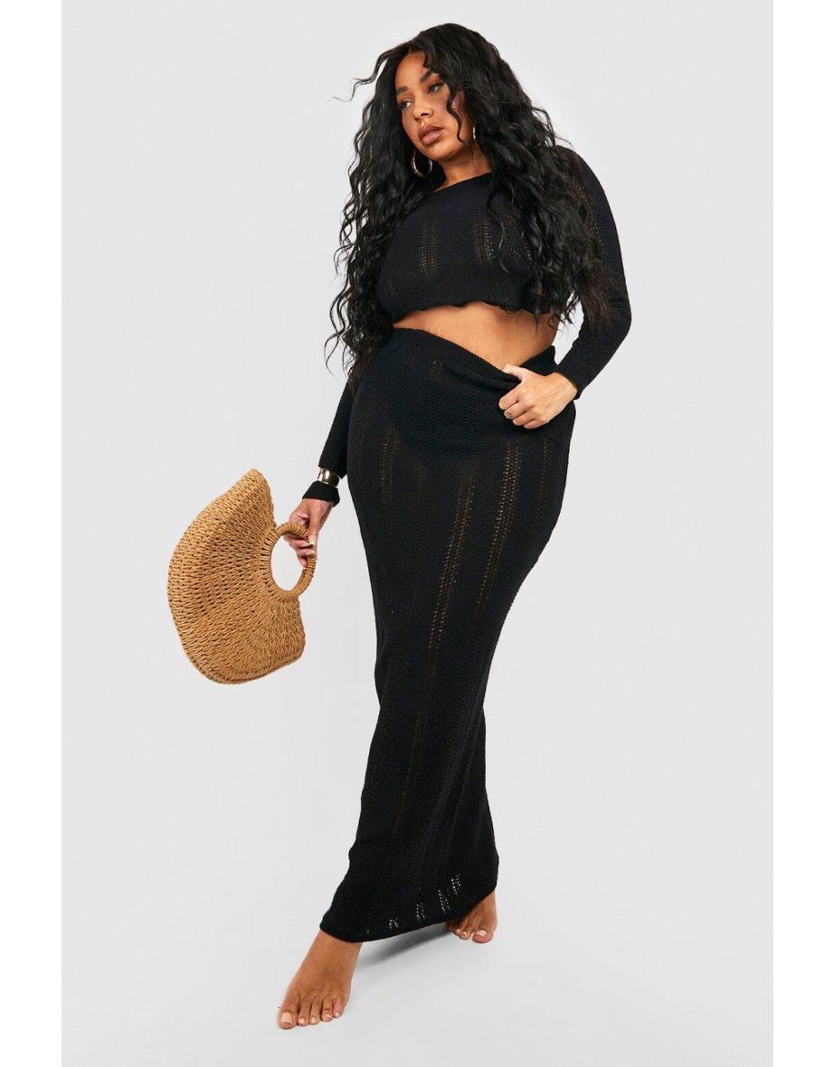 Plus Crochet Top & Maxi Skirt Beach Co-ord - black