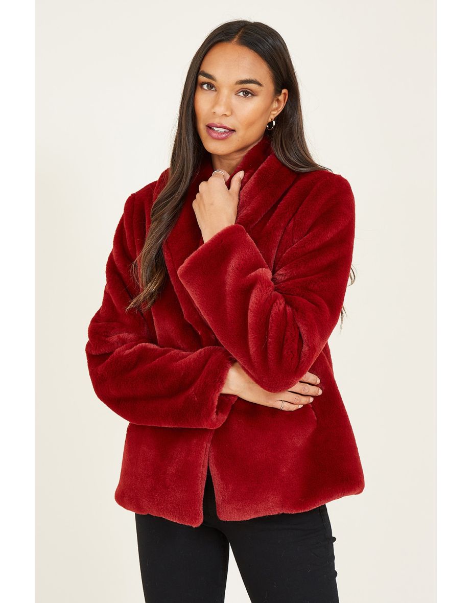 Short red faux fur cheap coat