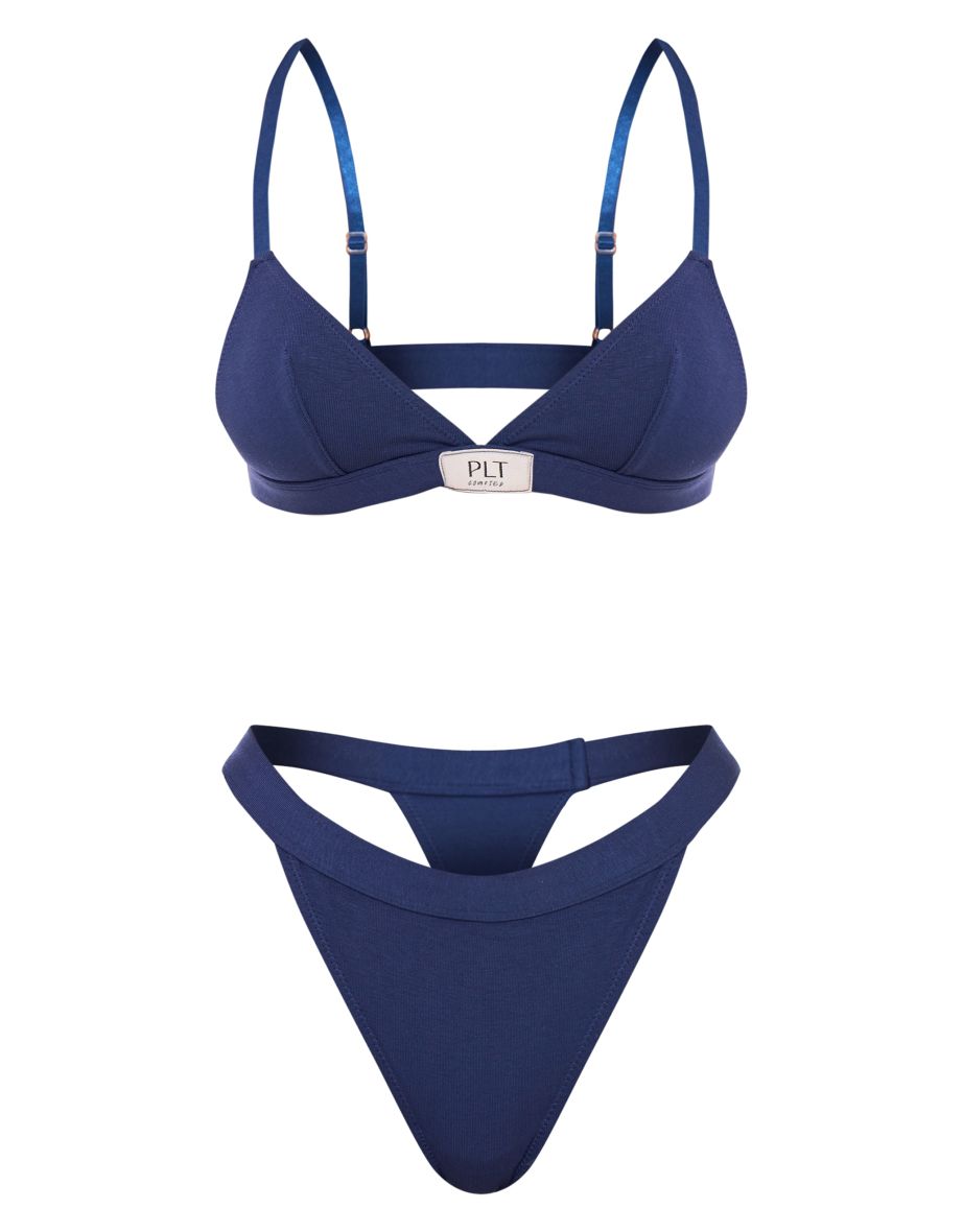 PRETTYLITTLETHING Navy Jersey Triangle Bralette And Thong Set - 3