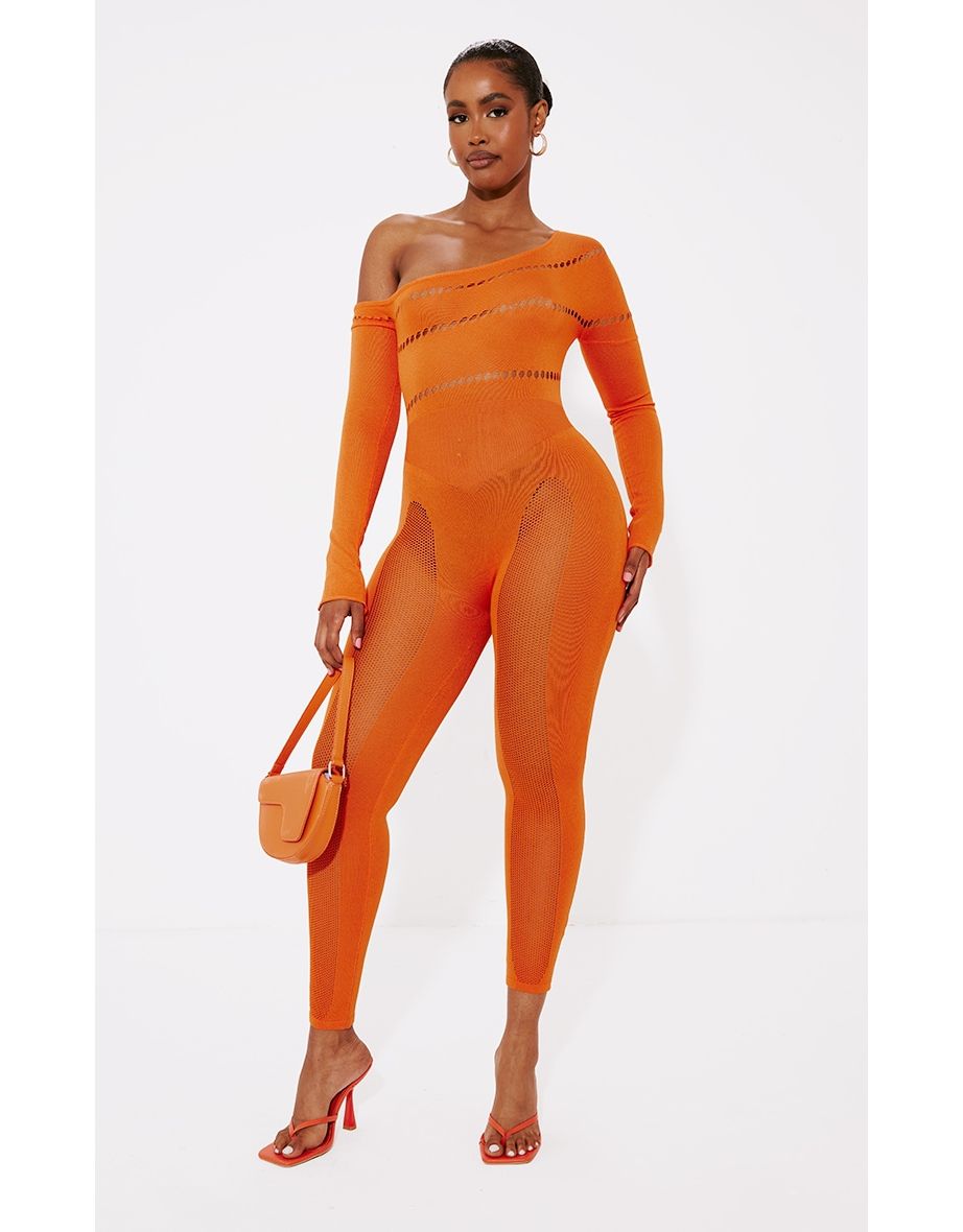 Shop Shape Orange Bardot Knitted Hole Detailed Jumpsuit Online in Qatar VogaCloset