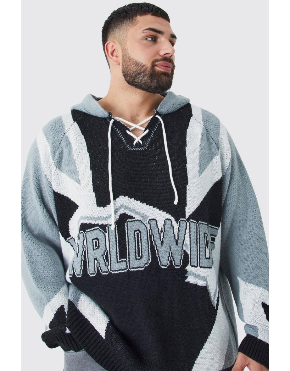 Plus Oversized Lace Up Hockey Jumper With Hood - black - 2