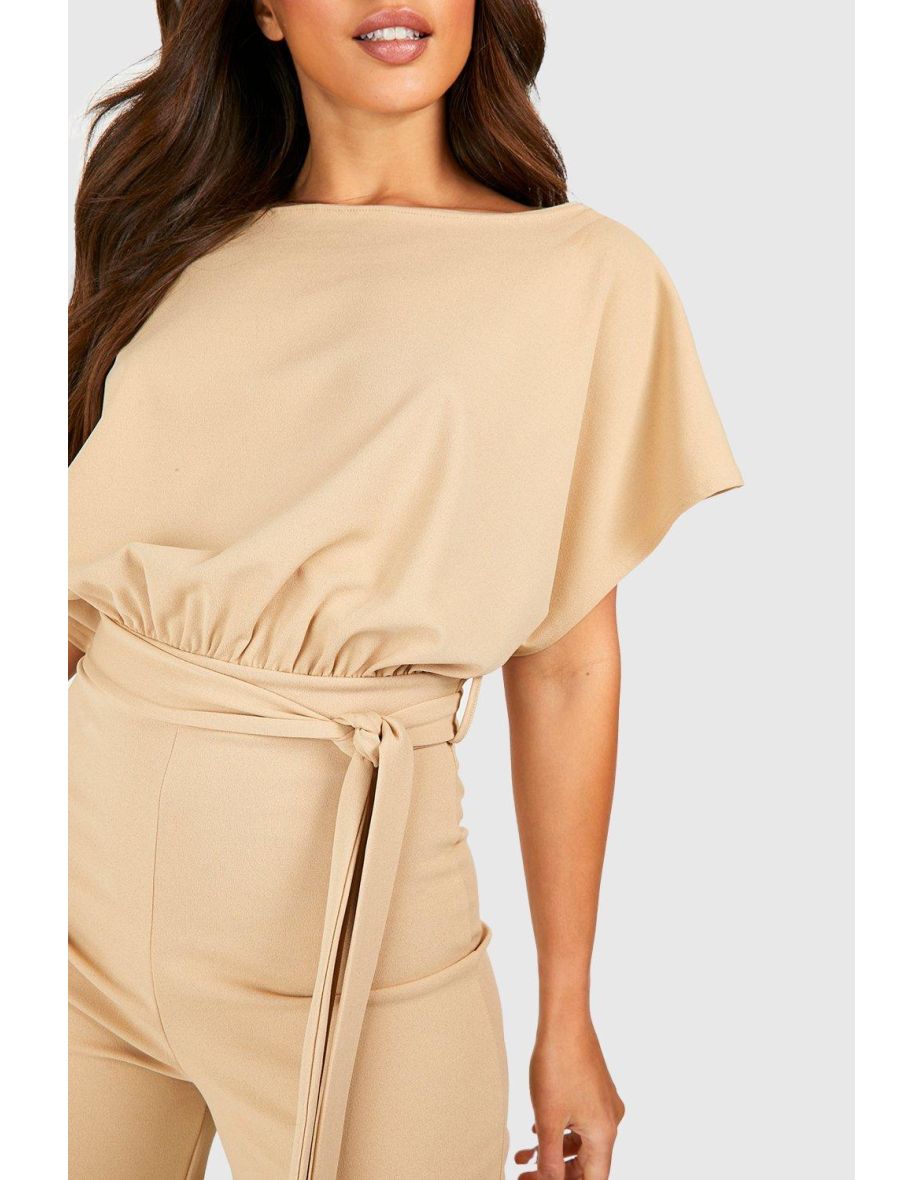 Tall Slash Neck Tie Waist Culotte Jumpsuit - stone - 3