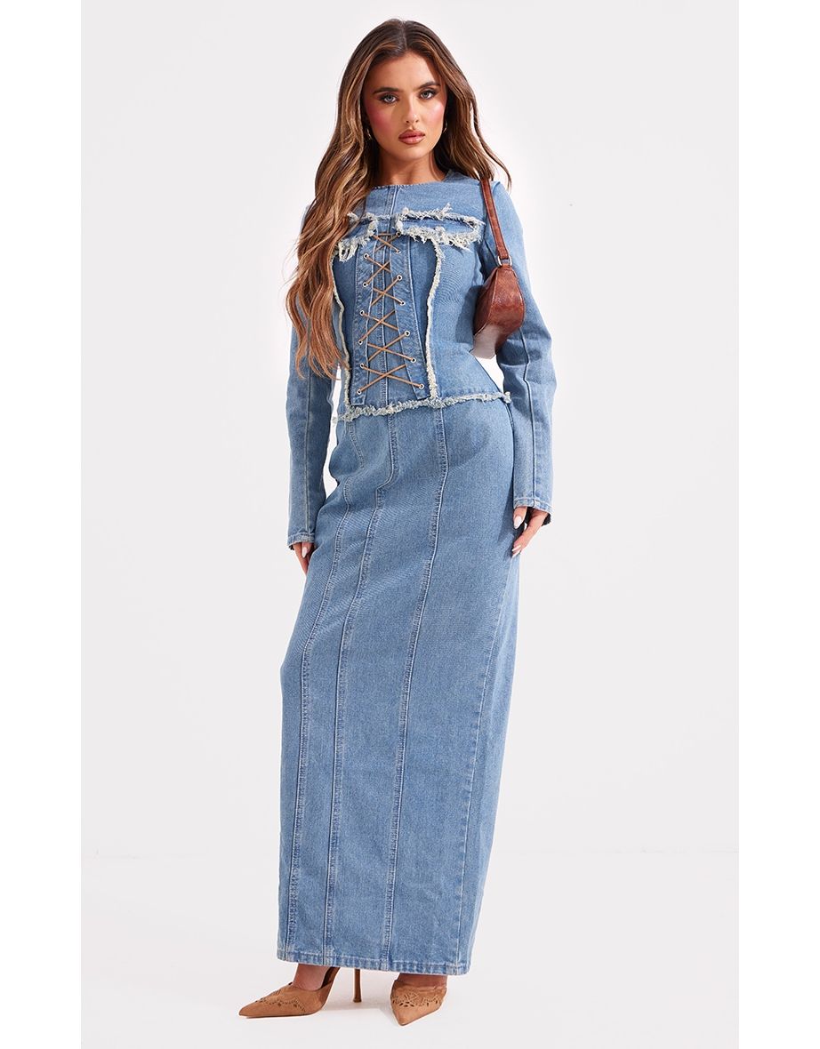 Light Blue Wash Freyed Pannel Detail Lace Up Maxi Denim Dress