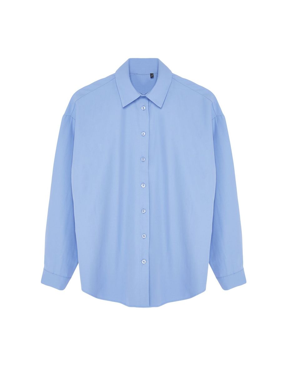 Blue Plain Weave 50% Cotton,50% Polyester Shirt - 7