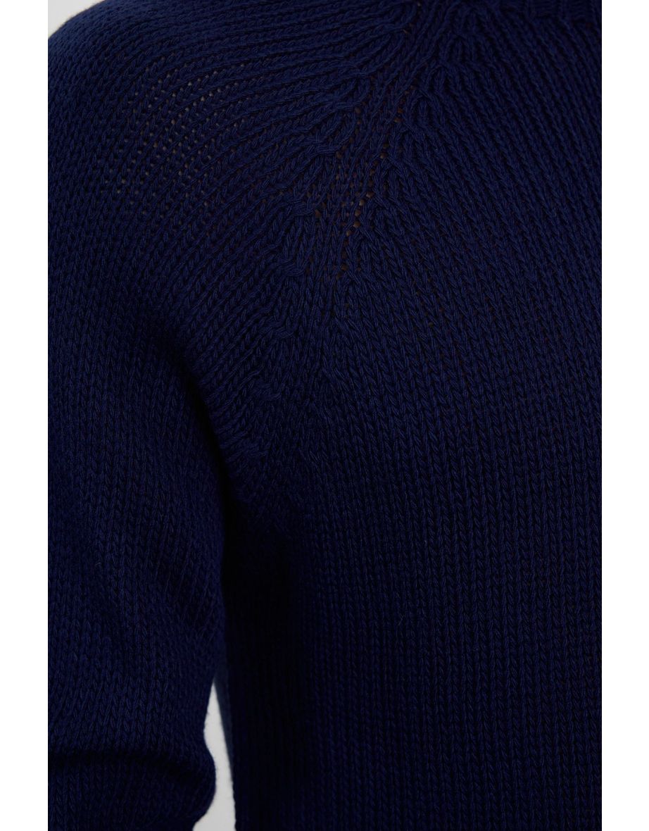 Men's Navy Blue Slim Fit Crew Neck Raglan Sleeve Seamless Basic Knitwear Sweater - 4