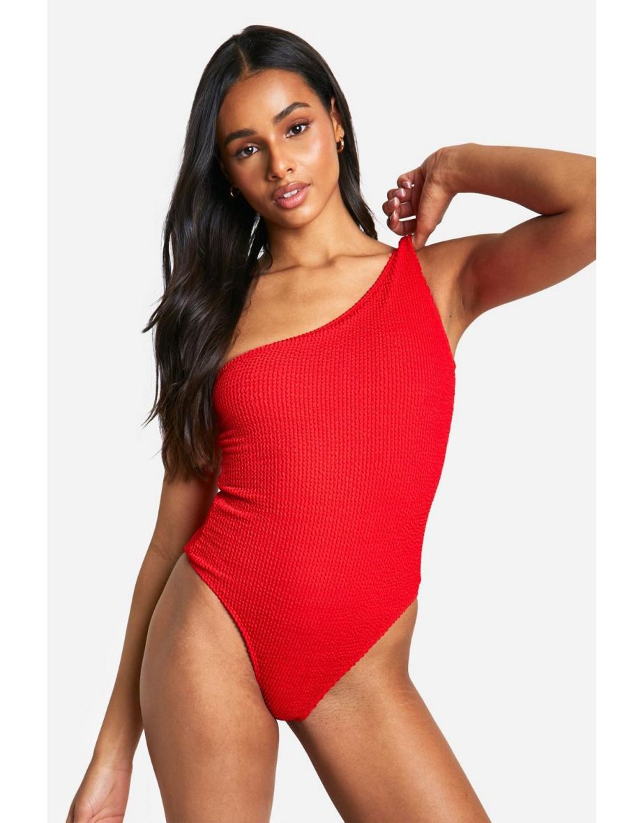 Shop Tall Crinkle One Shoulder Swimsuit red Online in Qatar VogaCloset