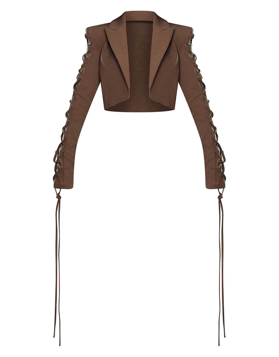 PLT Label Taupe Lace Up Crop Tailored Blazer - 3