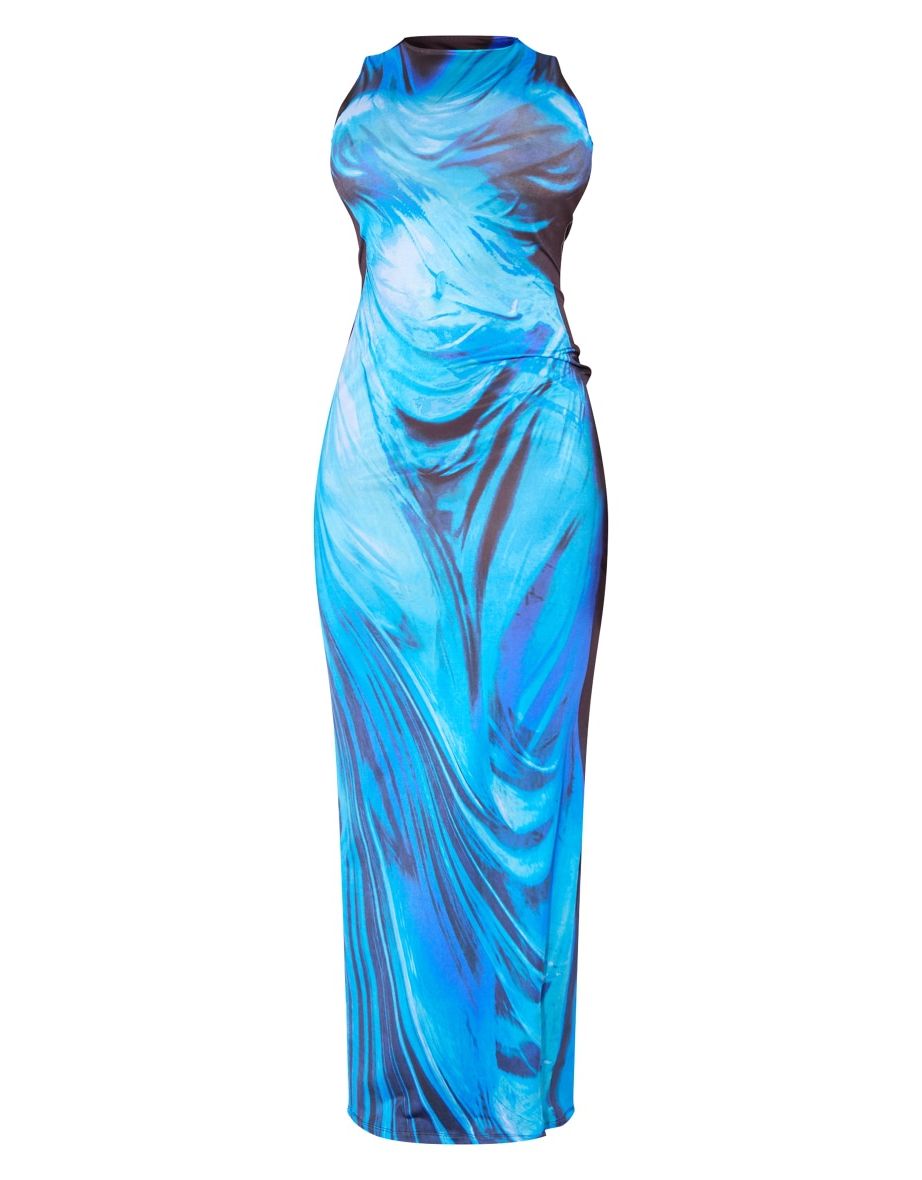 Shape Bright Blue Drape Statue Printed Racer Maxi Dress - 4