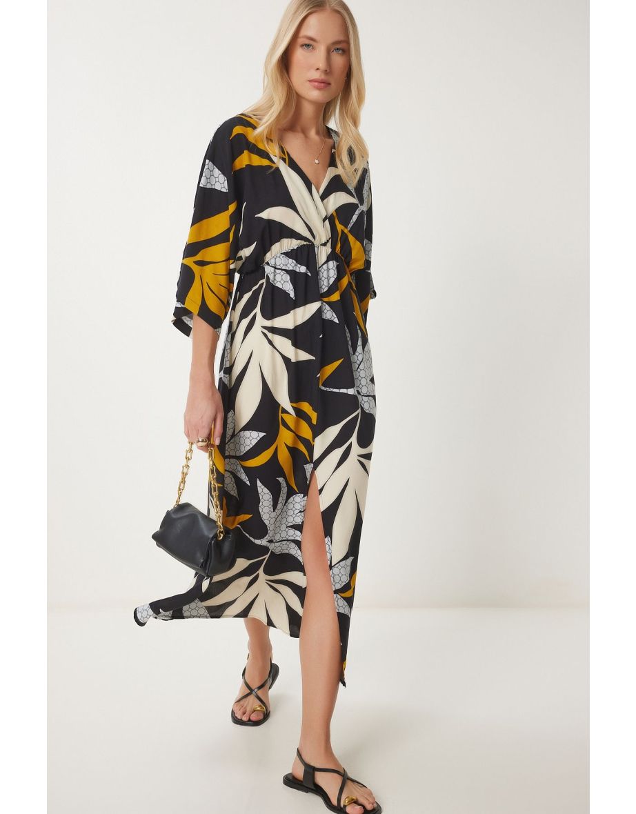 Women's Black Mustard Wrap Collar Patterned Summer Viscose Dress
