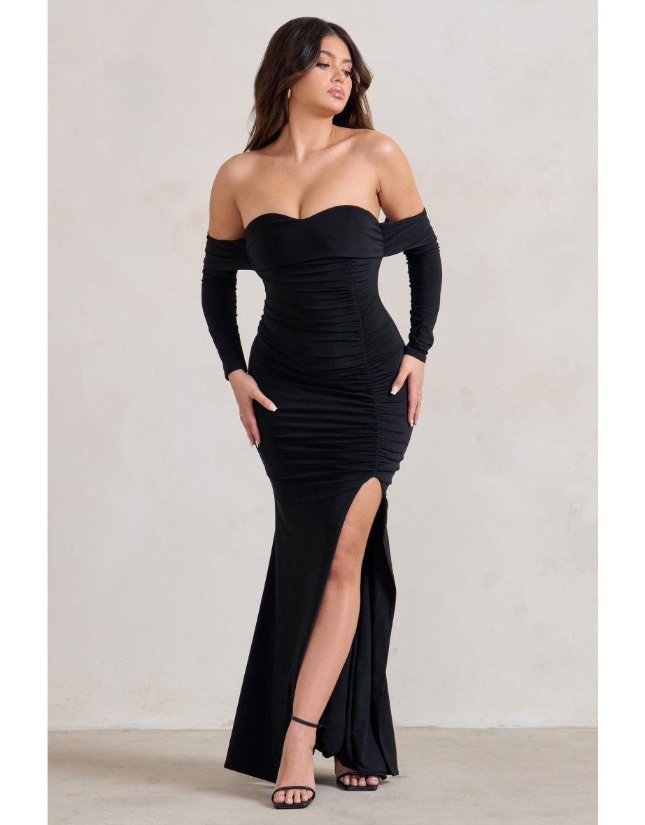 Midnight | Black Draped Long Sleeve Maxi Dress