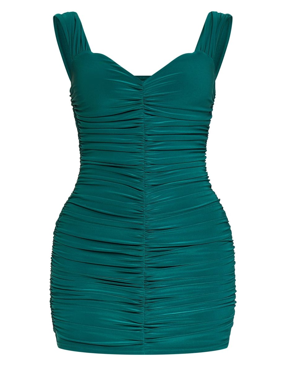 Emerald Green Slinky Ruched Detail Mini Dress - 4