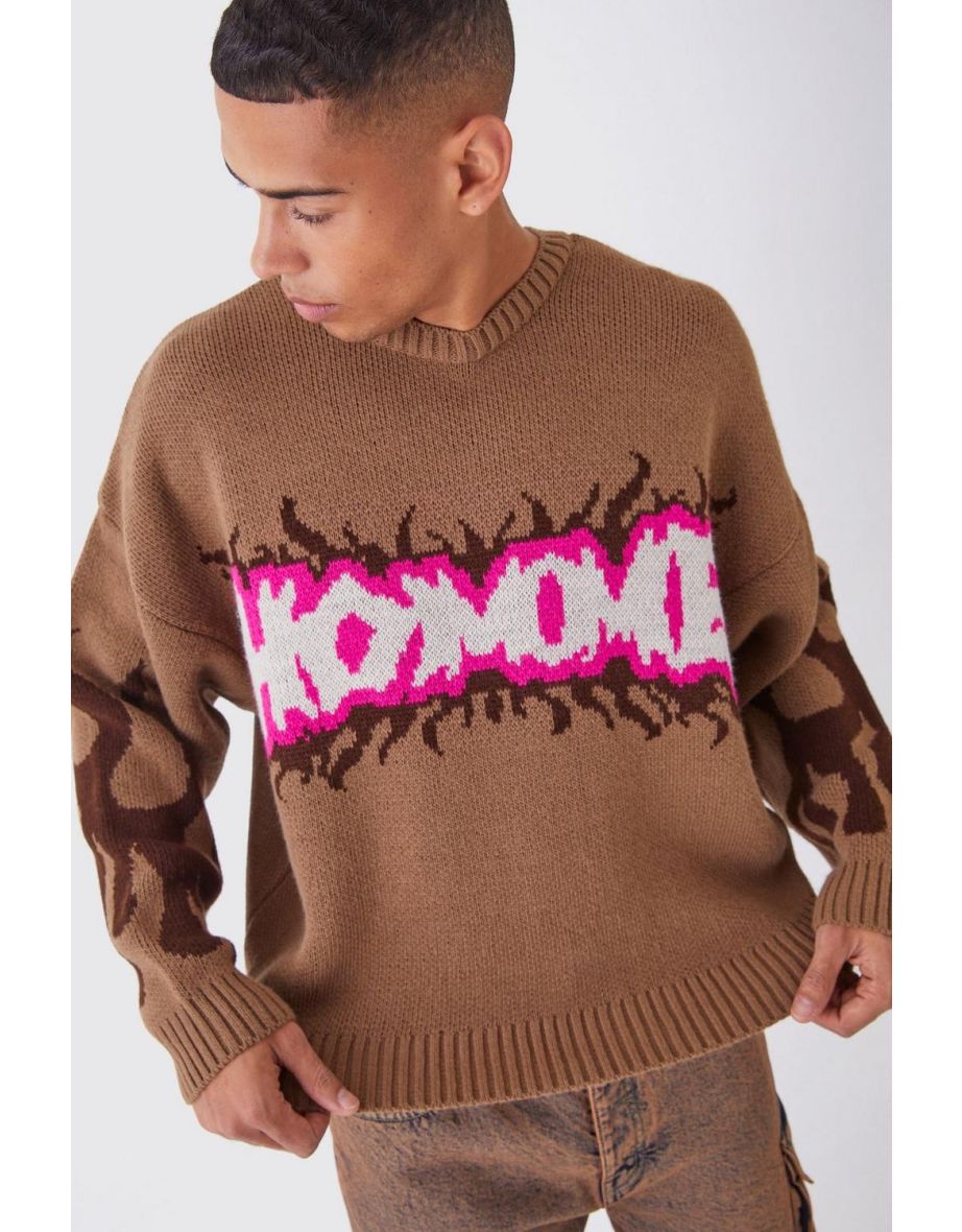 Boxy Homme Graffiti Knitted Jumper - taupe