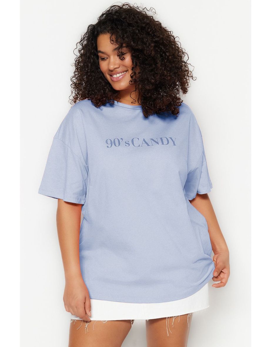 Blue Wide Pattern Printed Crew Neck Knitted T-shirt