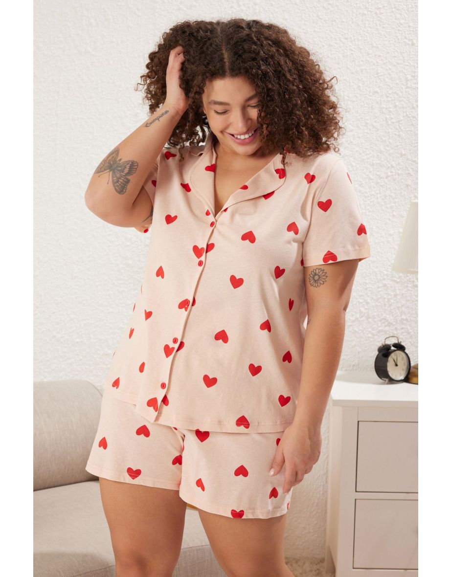 Light Pink Heart Patterned Shirt Collar Knitted Pajama Set