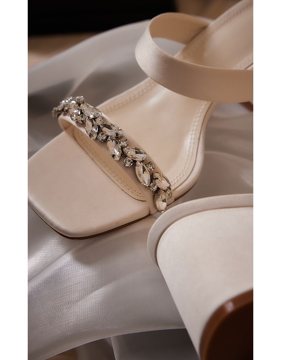White Wide Fit Satin Square Toe Jewel Strap Block Heeled Sandals - 3