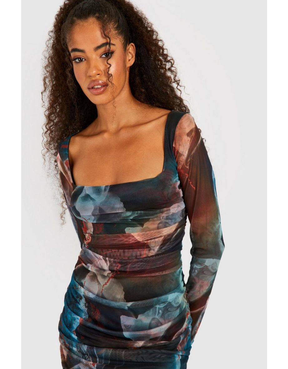 Abstract Square Neck Ruched Mesh Bodycon Dress - multi - 3