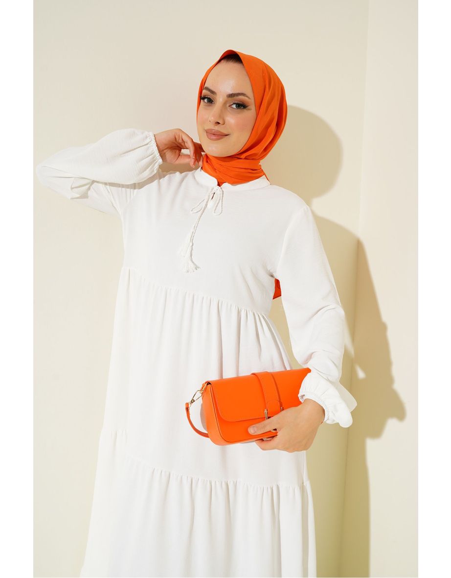 Collar Lace-up Hijab Dress - White - 4