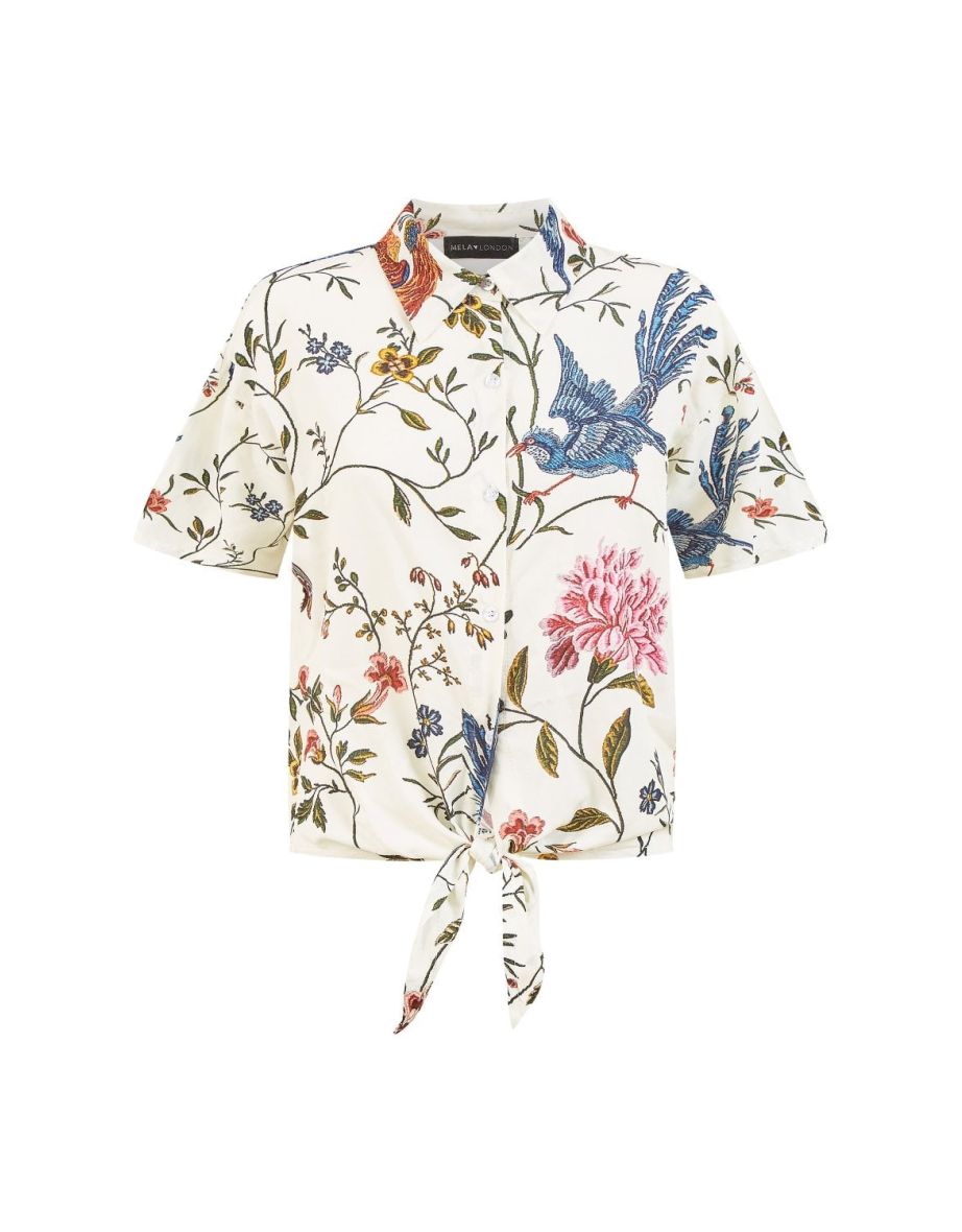 Yumi White Viscose Bird And Floral Print Tie Front Shirt - 5