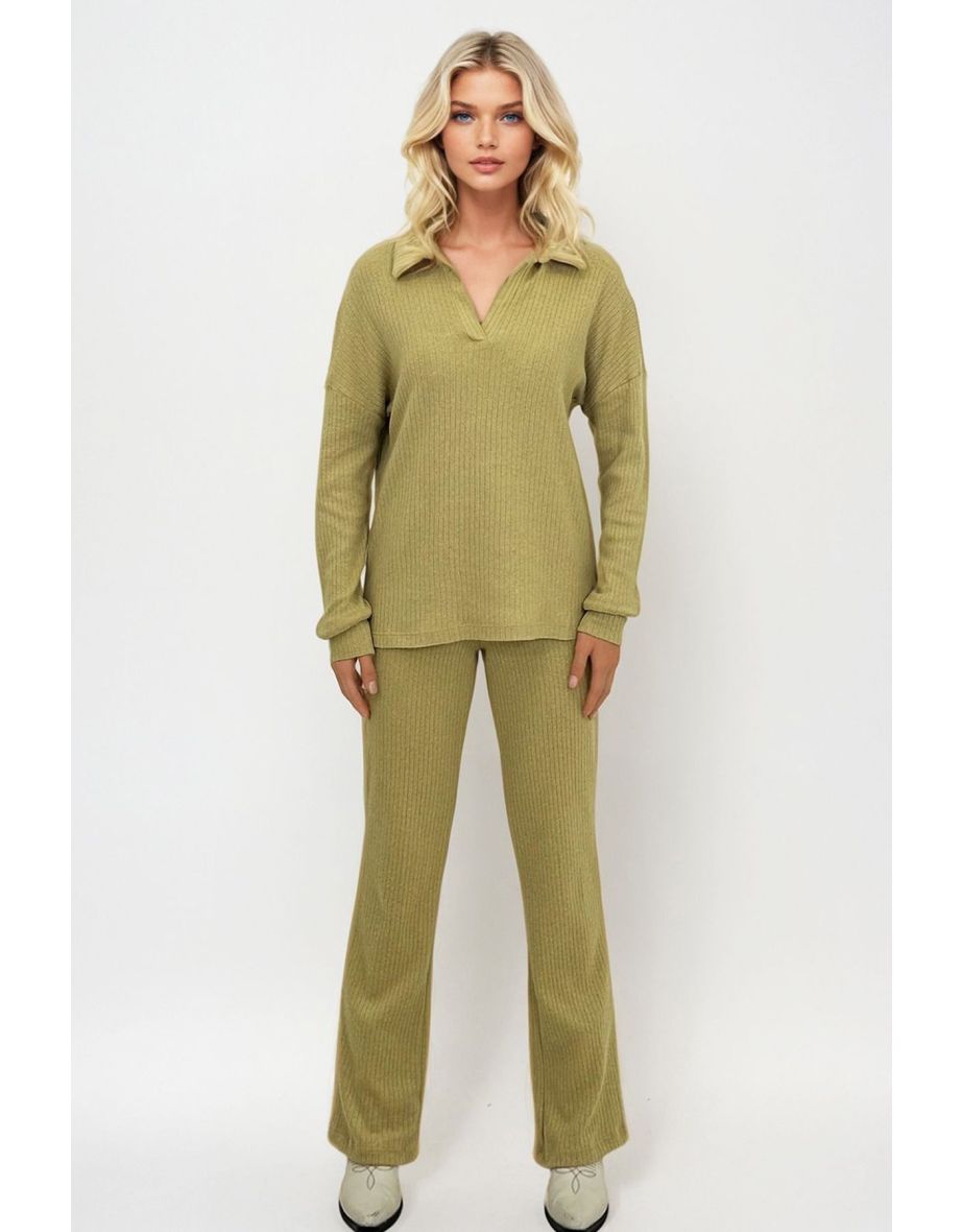 Women's Oil Green Polo Neck Top and Palazzo Pants Knitwear Bottom Top Set
