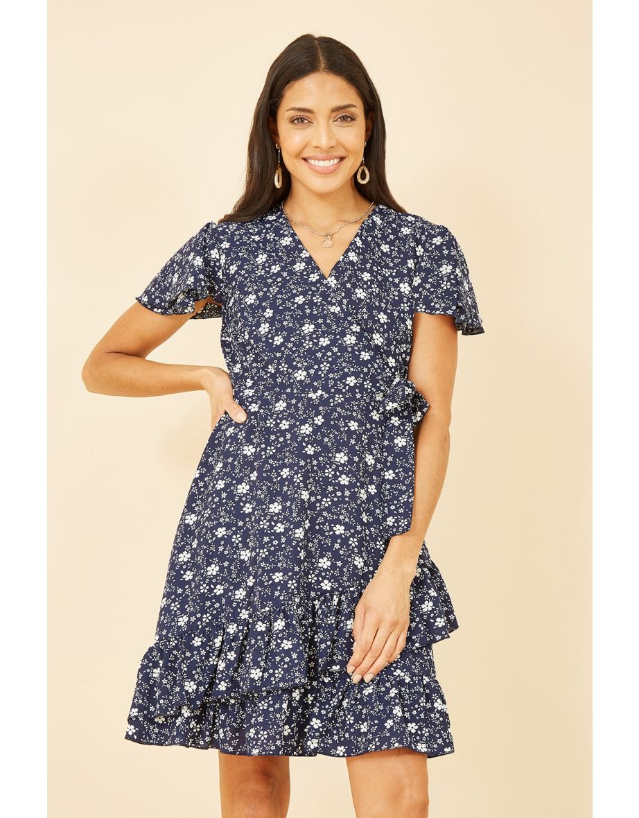 Mela Navy Ditsy Floral Wrap Frill Dress