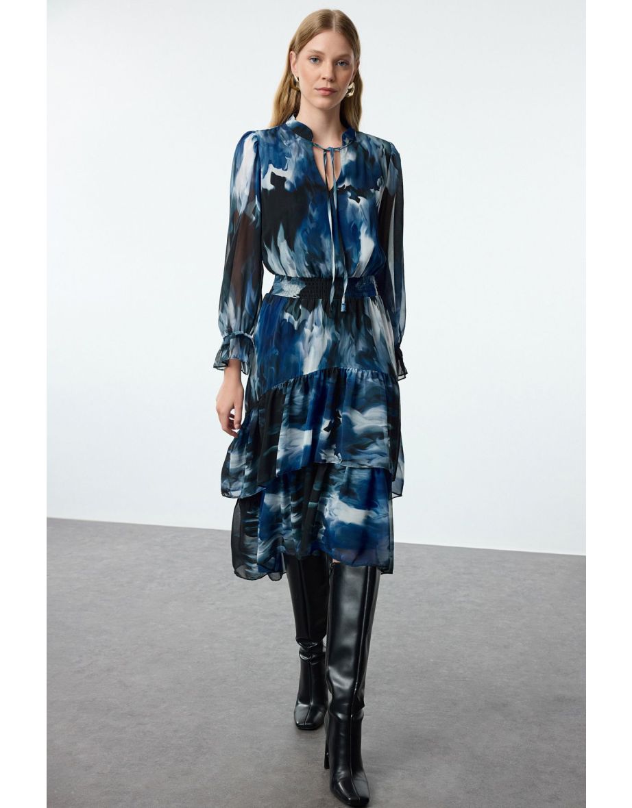 Blue Shawl Pattern Skater Ruffle Midi Woven Dress