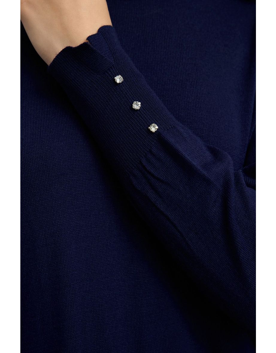Navy Blue Pearl/Stone Detailed Knitwear Dress - 4
