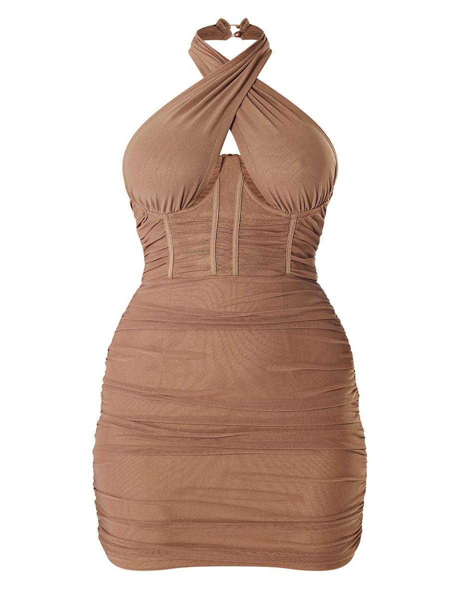 Taupe Mesh Halterneck Underbust Corset Detail Bodycon Dress - 4