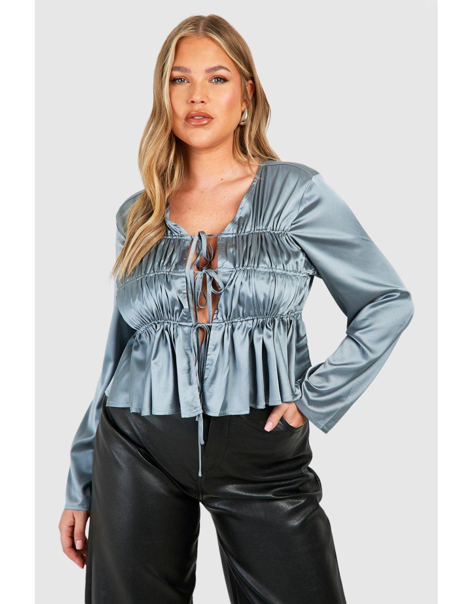 Plus Satin Tie Front Tiered Blouse - steel