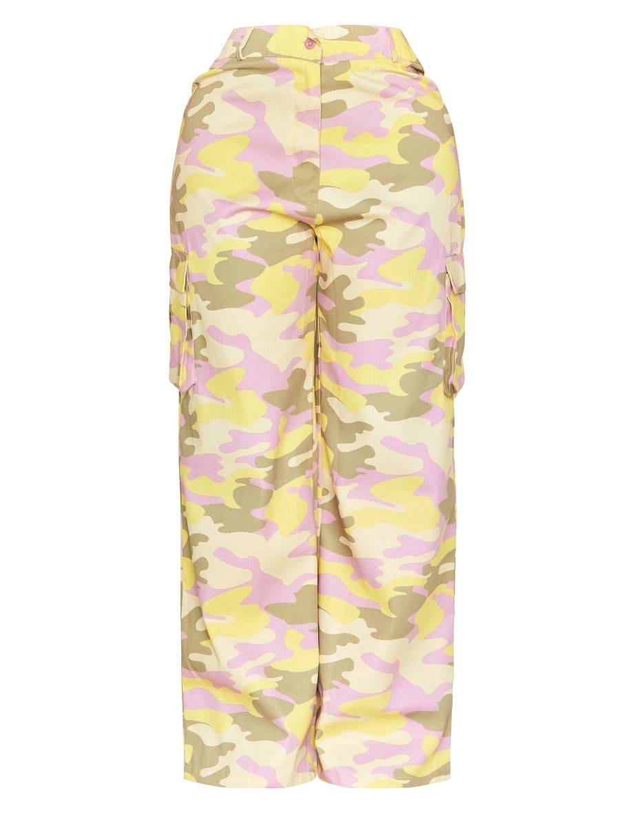 Shape Green Abstract Camo Print Pocket Detail Wide Leg Cargo Trousers - 4