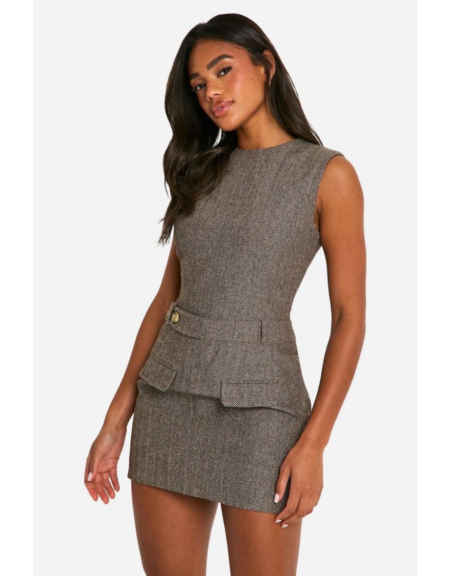 Tweed Belted Mini Dress - brown