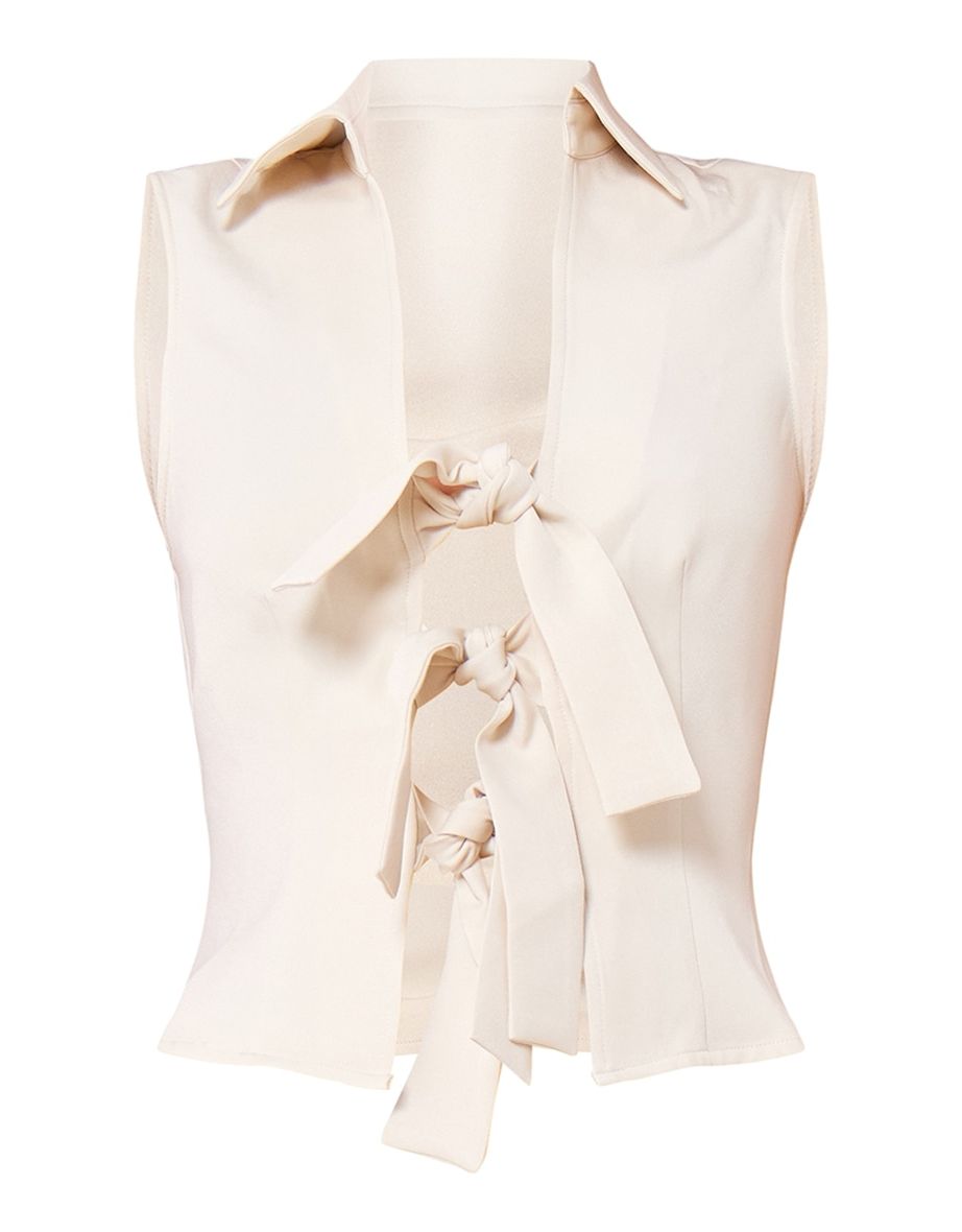 Cream Woven Bow Tie Front Sleeveless Waistcoat - 4