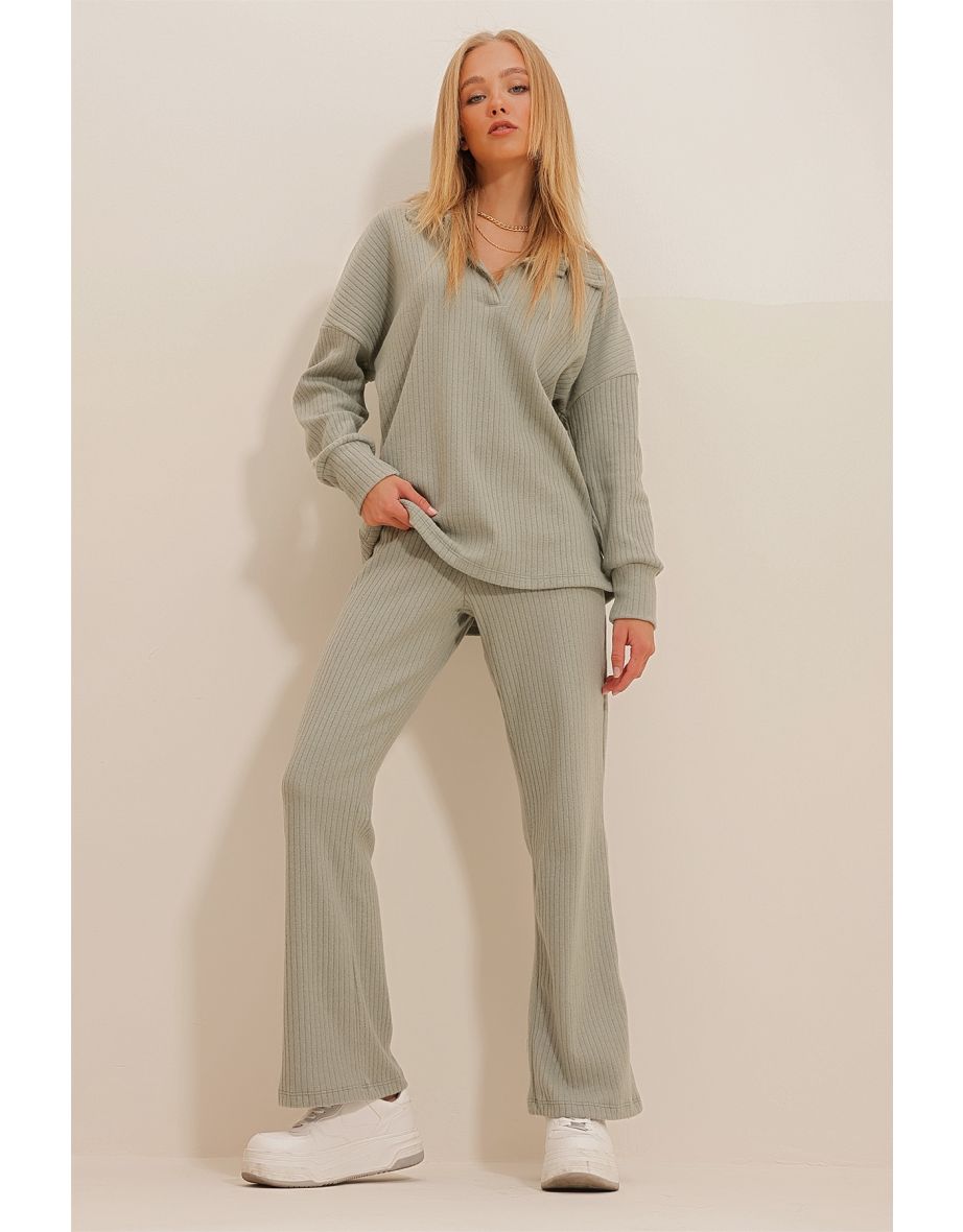 Women's Green Polo Neck Top and Palazzo Trousers Knitwear Bottom and Top Set
