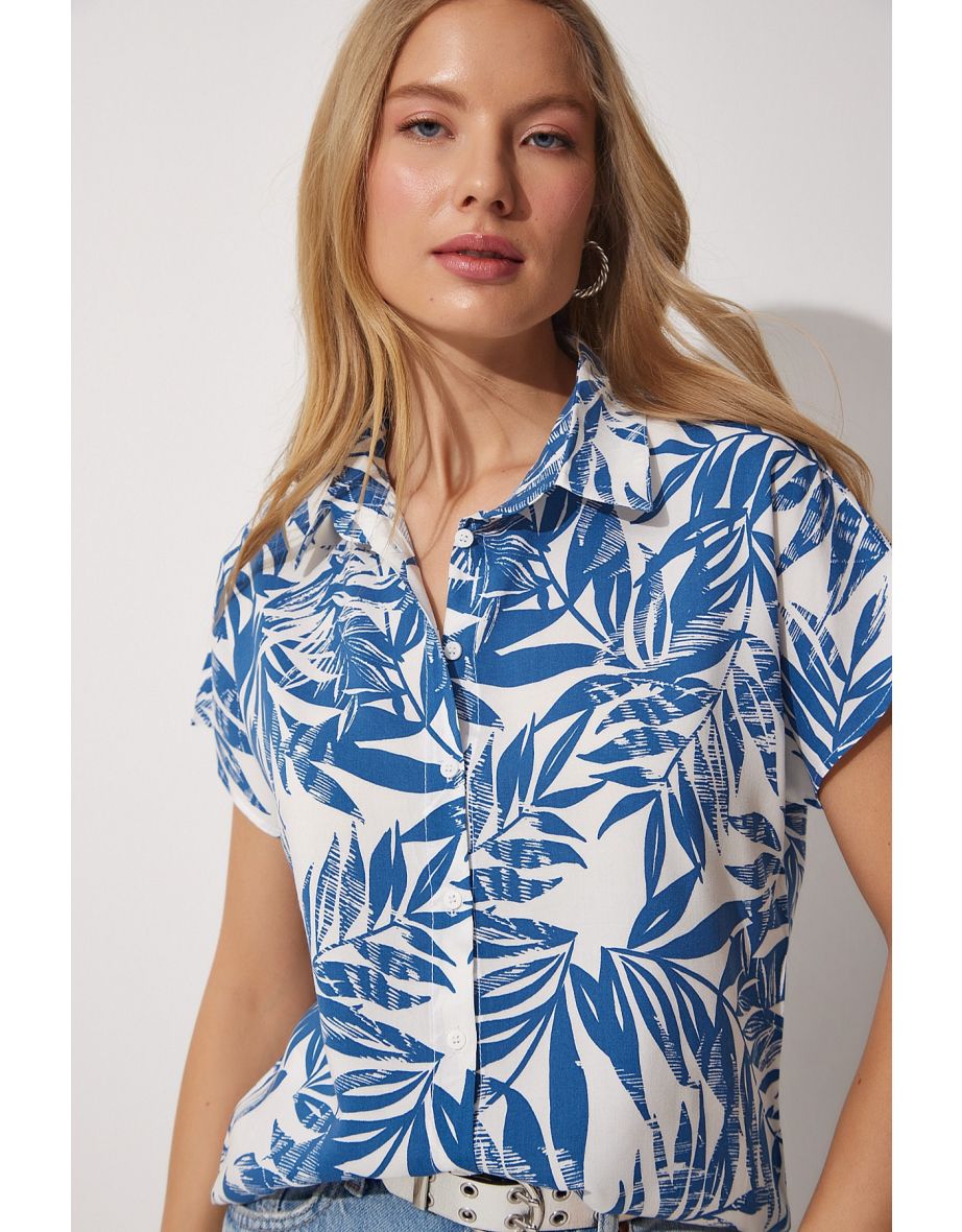 Women's White Blue Floral Print Short Sleeve Viscose Shirt BH00408