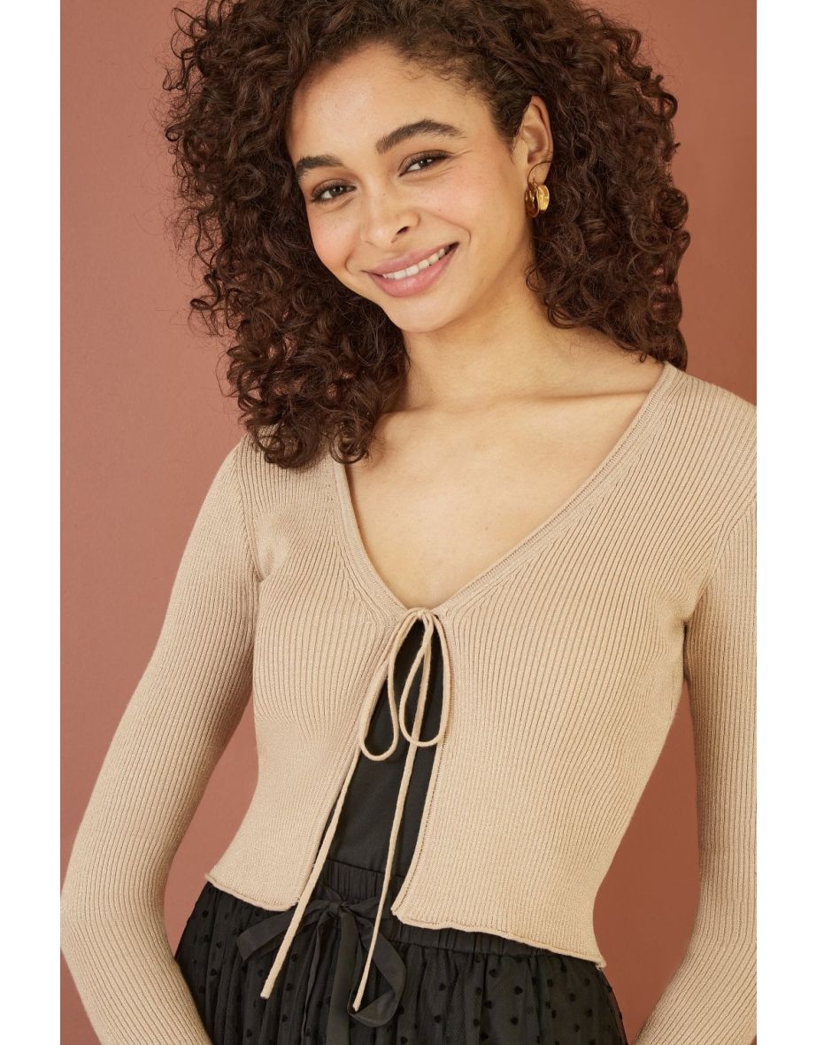 Yumi Gold Metallic Knitted Ribbed Tie Front Bolero