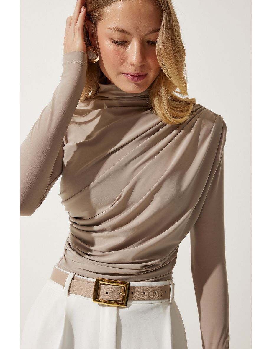 Women's Dark Beige Gathered Detailed High Neck Sandy Blouse
