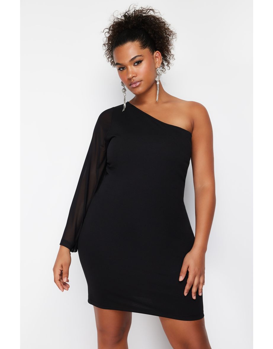 Black One-Shoulder Mesh Detailed Mini Knitted Dress - 7