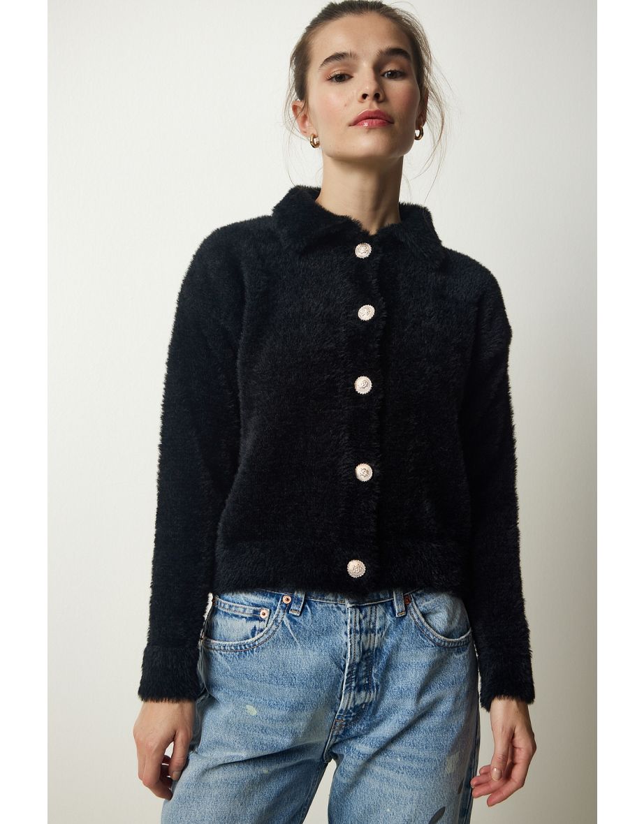 Women's Black Stylish Buttoned Bearded Knitwear Cardigan