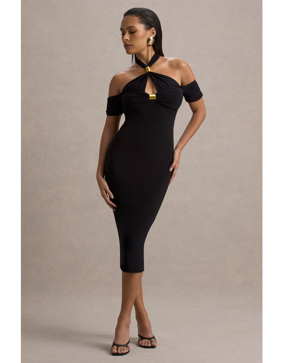 Selvina | Black Cut-Out Halter-Neck Midi Dress